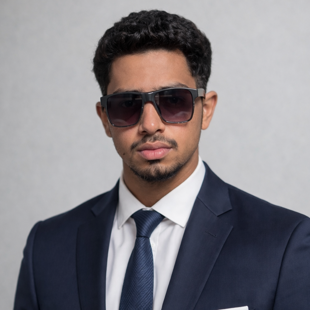 Muhammed Ajmal N in a navy suit and sunglasses