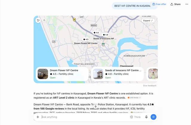 Dream Flower IVF Centre: Included in an AI local answer — AI answer · Local discovery