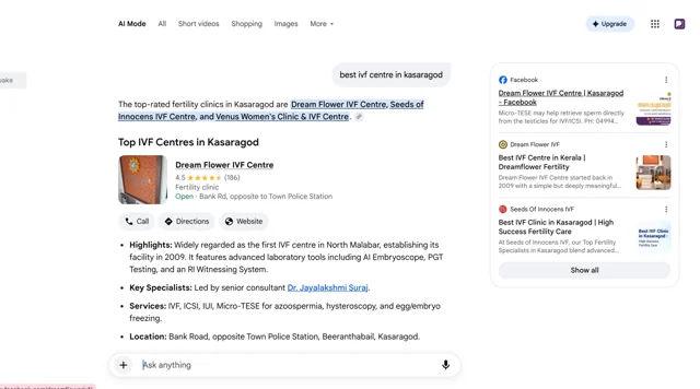 Dream Flower IVF Centre: A clinic featured in AI Mode — Google AI Mode · Generative search