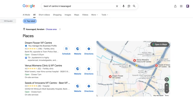 Dream Flower IVF Centre: Visibility in Google Places — Google Search · Local results