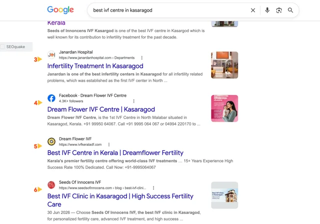 Dream Flower IVF Centre: Website and social search presence — Google Search · Organic results