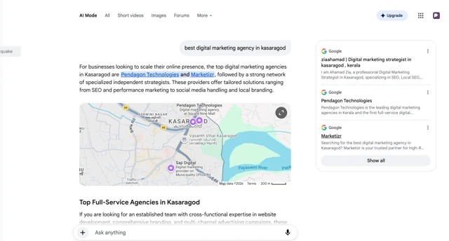 Pendagon Technologies: A mention in Google AI Mode — Google AI Mode · Generative search